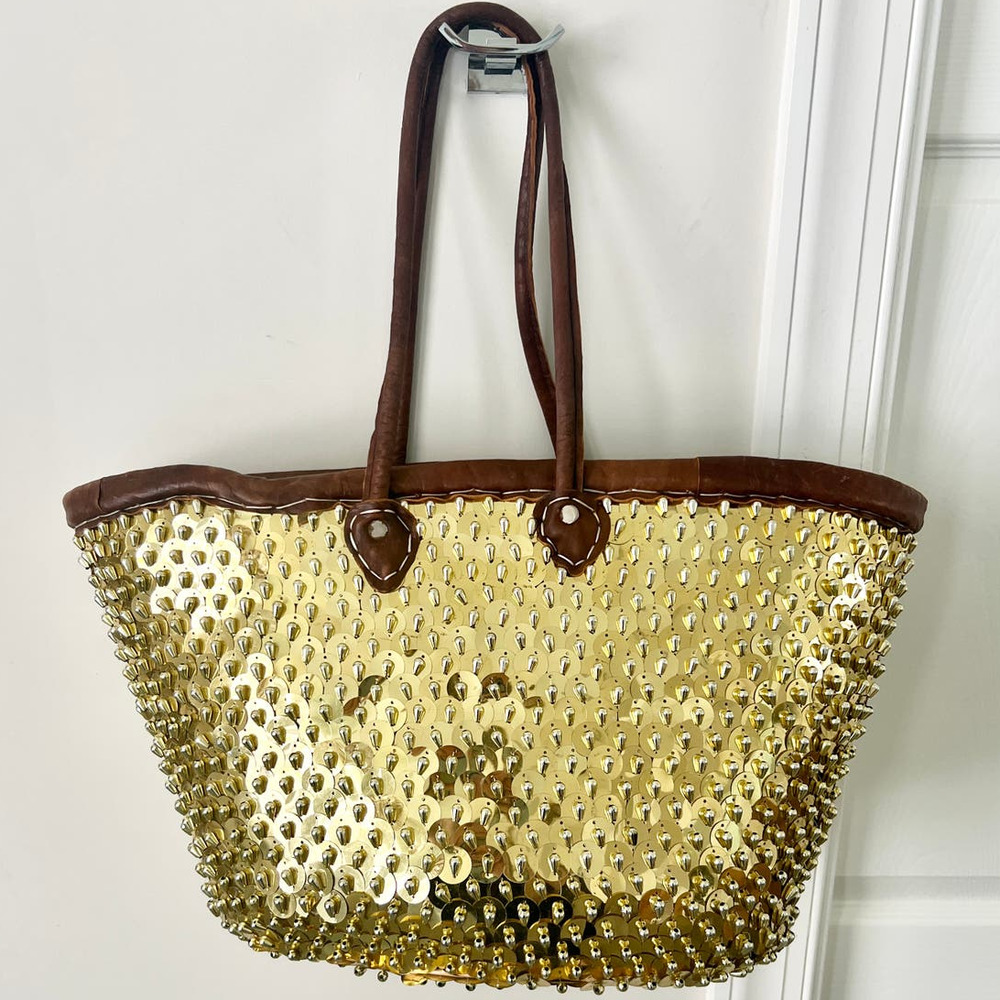 The Winding Road Moroccan Wicker Sequin Beaded Basket Bag Gold Brown Women's